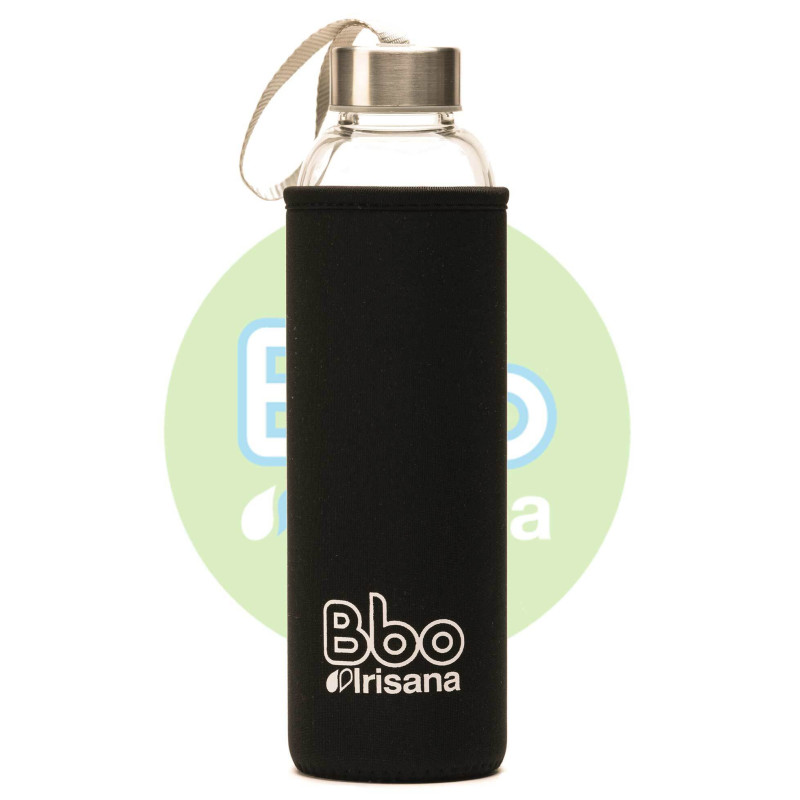 Botella bbo negro borosilicato con neopreno 550 ml.  irisana