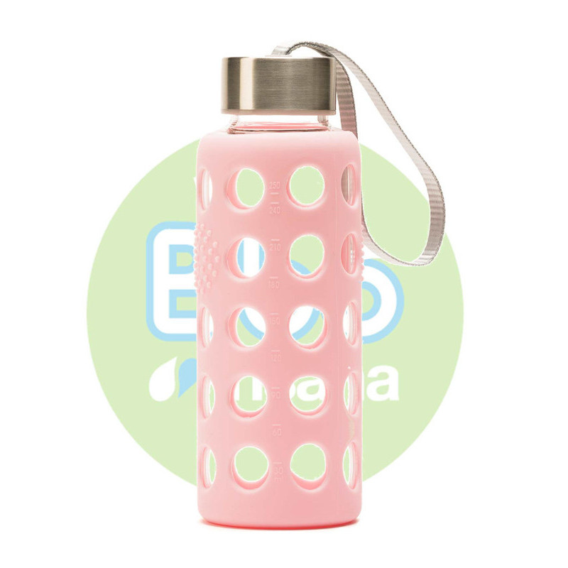 Botella bbo rosa borosilicato con silicona 300 ml.  irisana